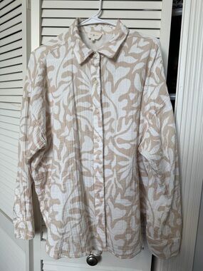 Lou & Grey 100% Cotton Gauze Button Down Shirt Tan White Print Size L